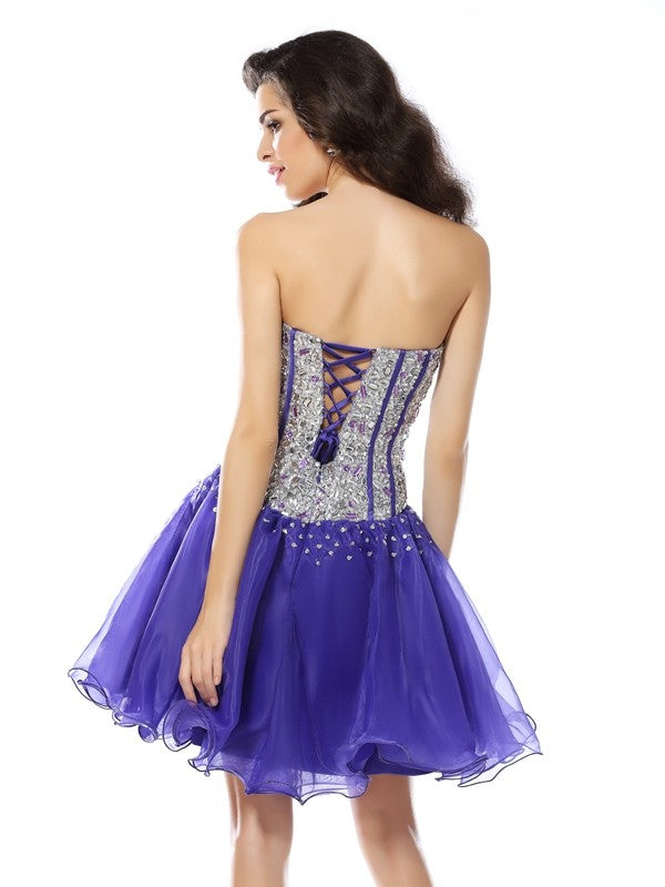 Cocktail Penelope Homecoming Dresses A-Line/Princess Sweetheart Beading Sleeveless Short Organza Dresses