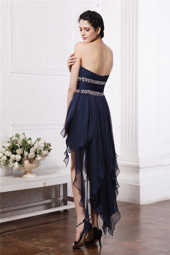 Sheath/Column Chiffon Cocktail Homecoming Dresses Brianna Strapless Sleeveless Beading High Low Dresses