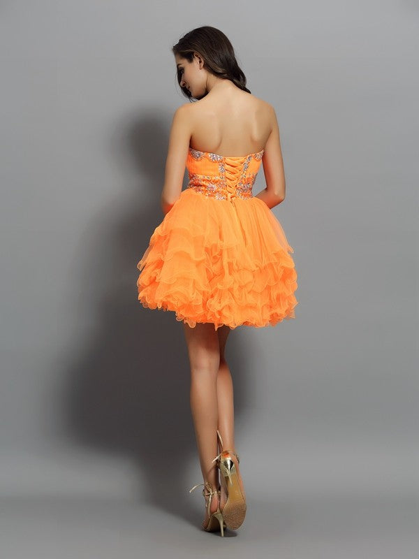 A-Line/Princess Sweetheart Ruffles Sleeveless Homecoming Dresses Savanna Satin Cocktail Short Dresses