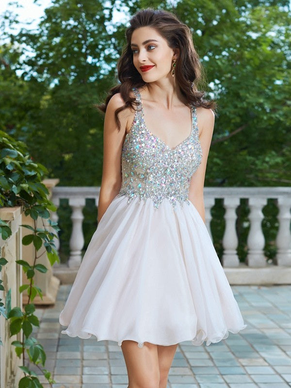 A-Line/Princess Rhinestone Straps Sleeveless Short/Mini Dresses Chiffon Jordyn Homecoming Dresses