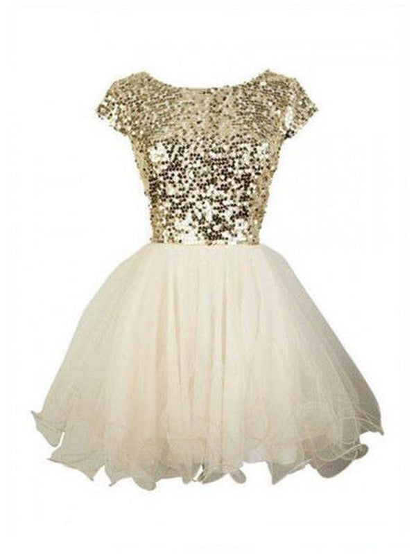 A-Line/Princess Sleeveless Scoop Sequin Tulle Short/Mini Dresses Homecoming Dresses Charity