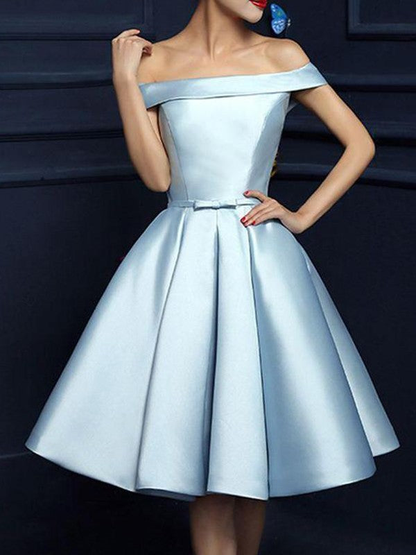 A-Line/Princess Off-The-Shoulder Bowknot Sleeveless Knee-Length Ashanti Satin Homecoming Dresses Dresses