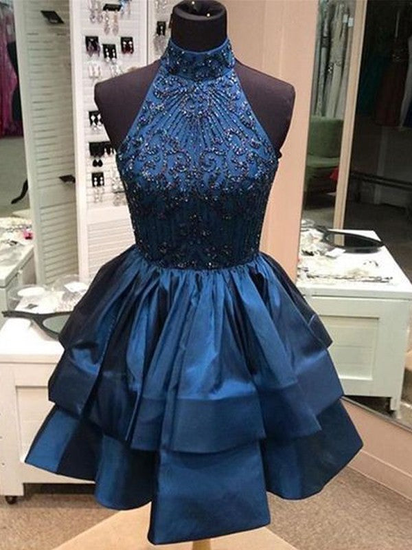 Homecoming Dresses Satin Amaya A-Line/Princess Sleeveless High Neck Beading Short/Mini Dresses