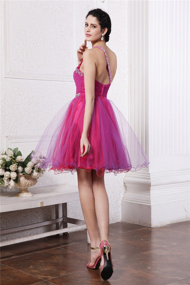 A-Line/Princess One-Shoulder Sleeveless Paula Cocktail Homecoming Dresses Beading Short Organza Dresses