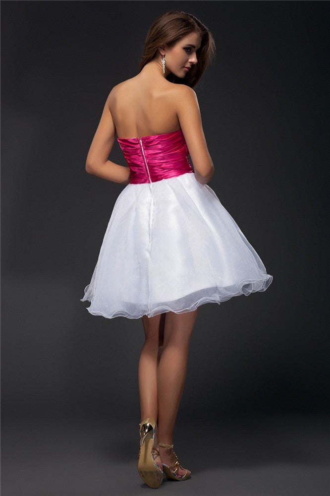 A-Line/Princess Cocktail Satin Homecoming Dresses Janiyah Strapless Sleeveless Beading Sash Short Organza Elastic Woven Dresses