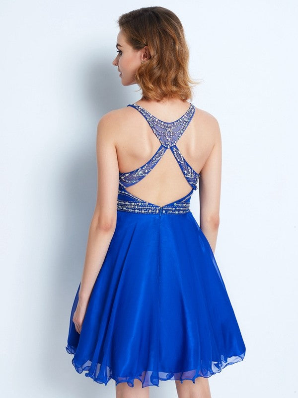 A-Line/Princess Sleeveless Scoop Beading Short/Mini Brooklyn Homecoming Dresses Chiffon Dresses