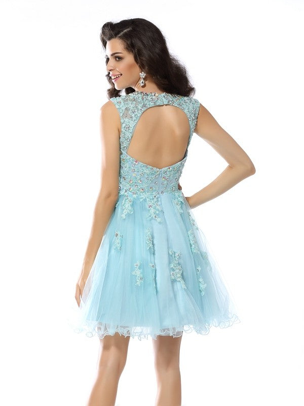 A-Line/Princess Scoop Beading Applique Sleeveless Short Aleena Satin Homecoming Dresses Cocktail Dresses