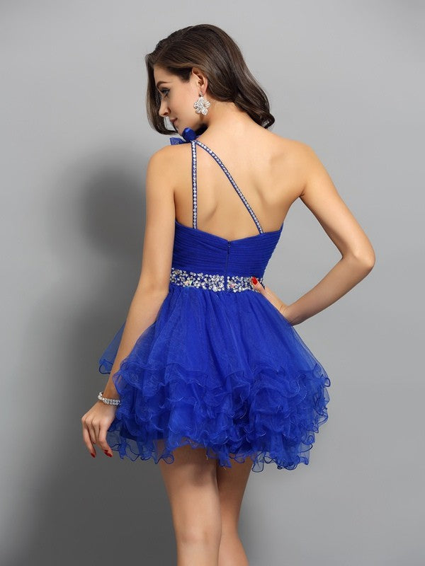 A-Line/Princess One-Shoulder Evelyn Cocktail Homecoming Dresses Beading Sleeveless Short Organza Dresses