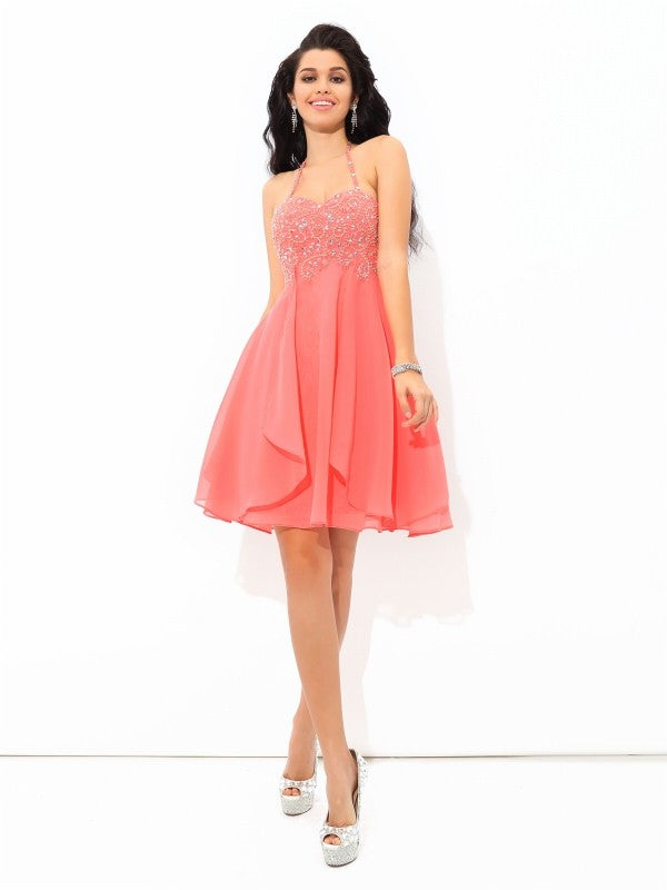 A-Line/Princess Halter Beading Sleeveless Chiffon Homecoming Dresses Destinee Cocktail Short Dresses