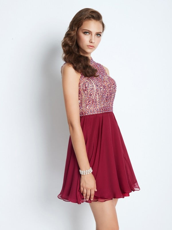 A-Line/Princess Jewel Sleeveless Beading Libby Homecoming Dresses Chiffon Short/Mini Dresses