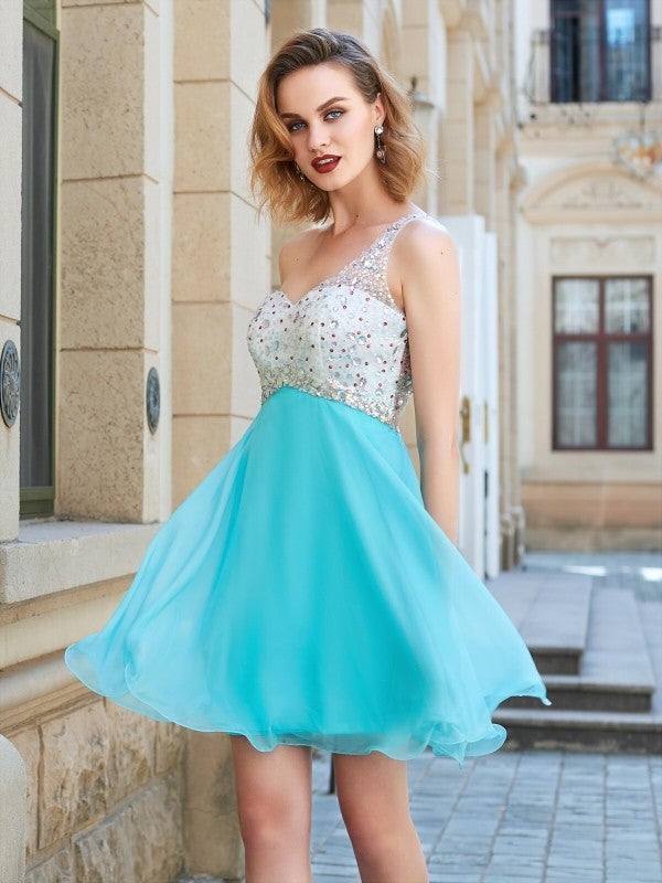 Isabela Homecoming Dresses Chiffon A-Line/Princess Sleeveless One-Shoulder Beading Short/Mini Dresses