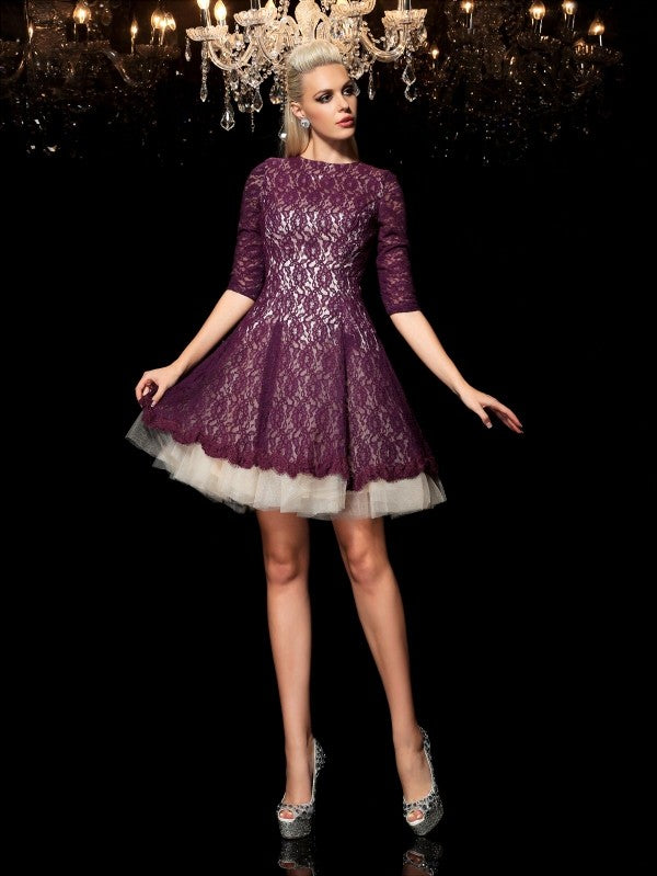 A-Line/Princess Sheer Neck 1/2 Sleeves Cocktail Irene Homecoming Dresses Lace Short Dresses