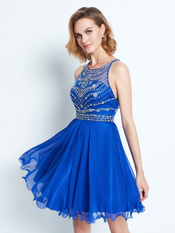 A-Line/Princess Sleeveless Scoop Beading Short/Mini Brooklyn Homecoming Dresses Chiffon Dresses