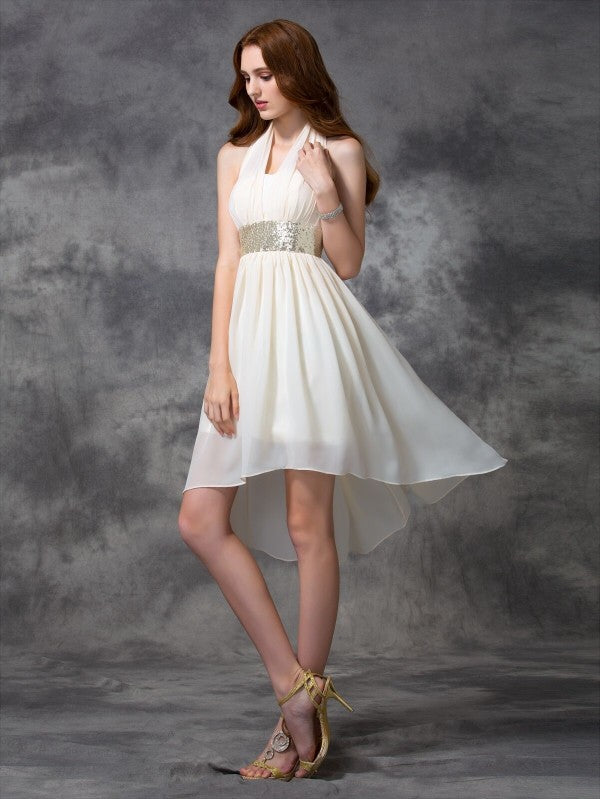 A-Line/Princess Halter Sequin Homecoming Dresses Cocktail Luna Chiffon Sleeveless High Low Dresses