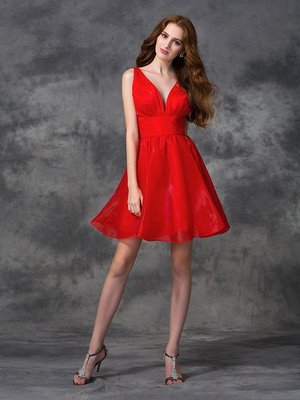 A-Line/Princess V-Neck Sash/Ribbon/Belt Sleeveless Homecoming Dresses Nyasia Cocktail Short Organza Dresses