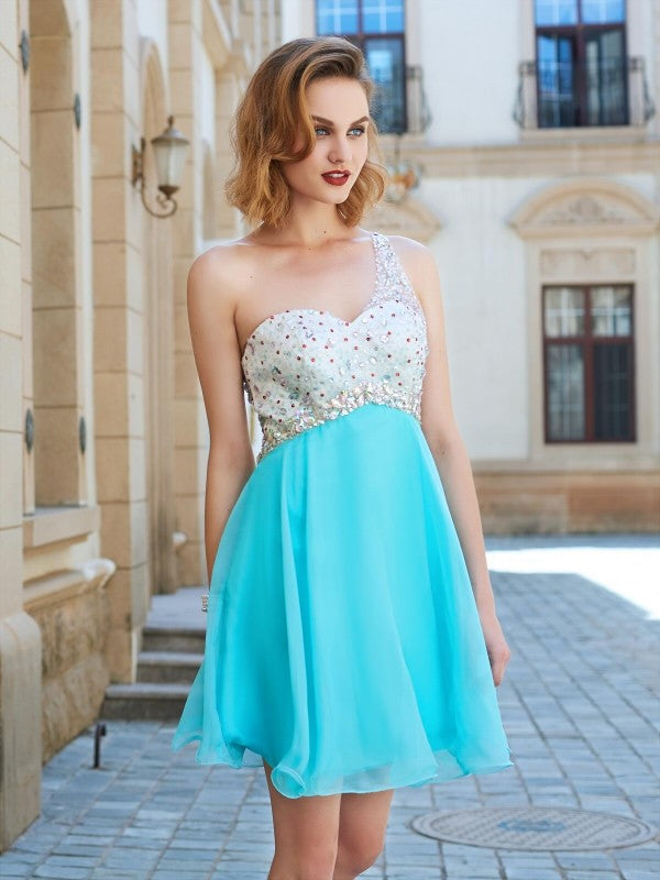 Isabela Homecoming Dresses Chiffon A-Line/Princess Sleeveless One-Shoulder Beading Short/Mini Dresses