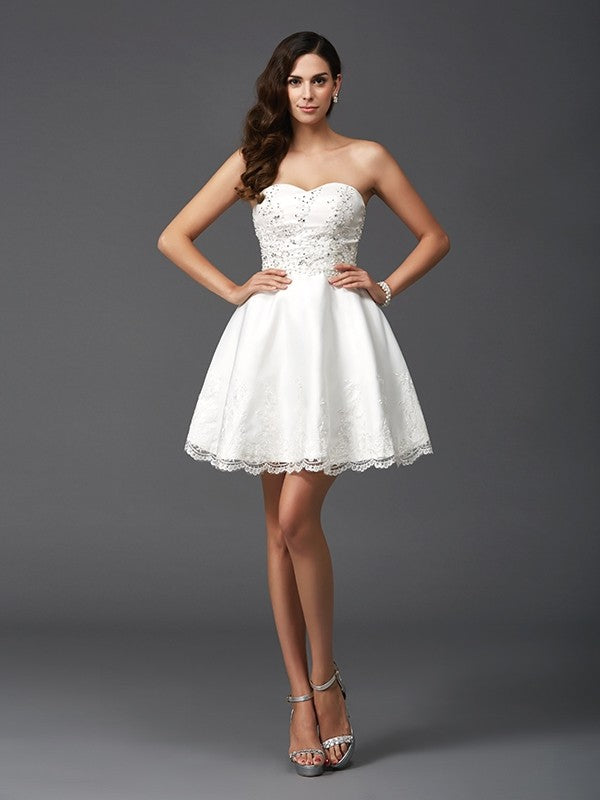 A-Line/Princess Sweetheart Beading Sleeveless Short Dresses Brielle Satin Homecoming Dresses