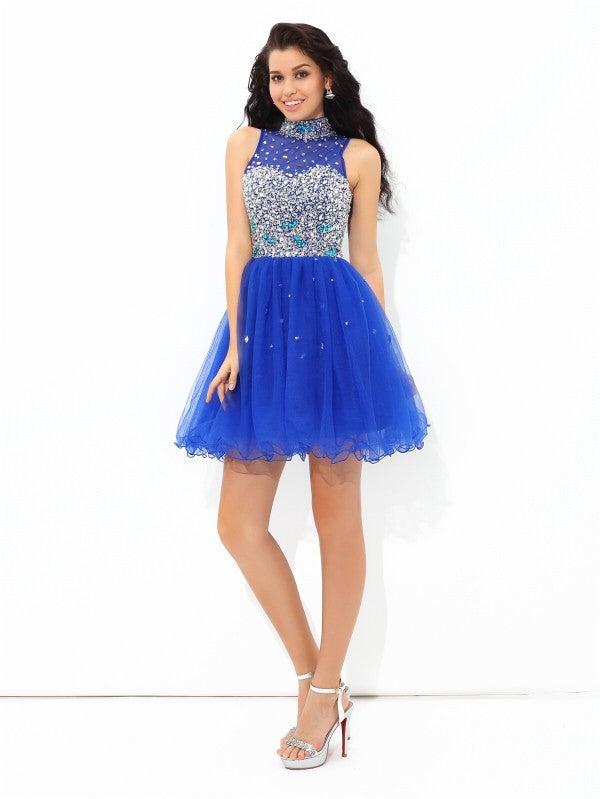 A-Line/Princess High Neck Beading Sleeveless Short Net Homecoming Dresses Cocktail Regina Dresses