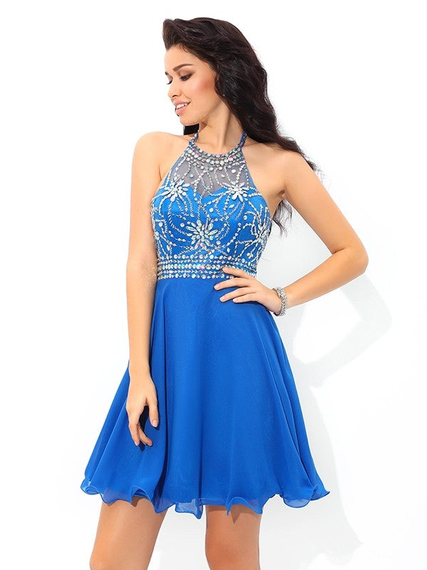 A-Line/Princess Halter Sleeveless Cocktail Gwendoline Homecoming Dresses Chiffon Beading Short Dresses