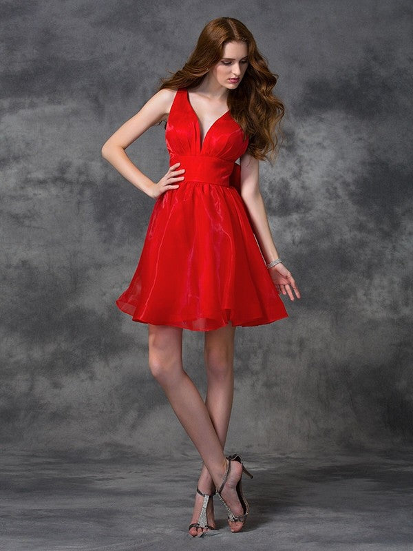 A-Line/Princess V-Neck Sash/Ribbon/Belt Sleeveless Homecoming Dresses Nyasia Cocktail Short Organza Dresses