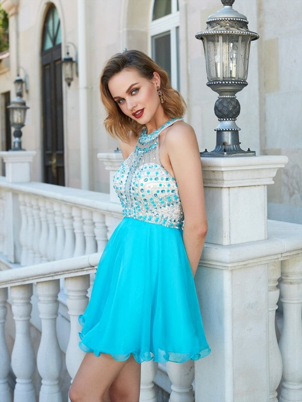 A-Line/Princess Halter Beading Homecoming Dresses Alani Chiffon Sleeveless Short/Mini Dresses