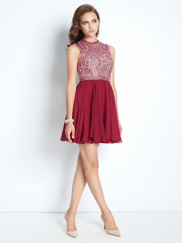 A-Line/Princess Jewel Sleeveless Beading Libby Homecoming Dresses Chiffon Short/Mini Dresses