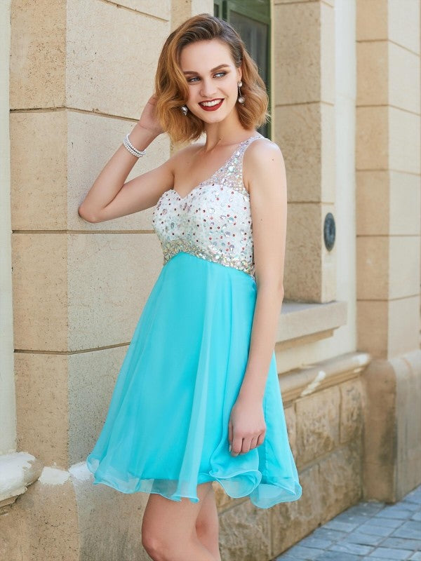 Isabela Homecoming Dresses Chiffon A-Line/Princess Sleeveless One-Shoulder Beading Short/Mini Dresses