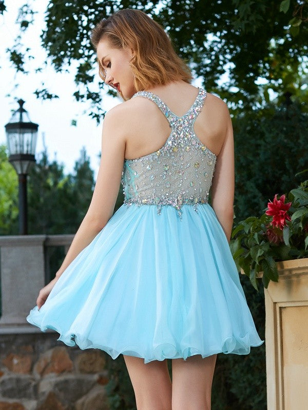 A-Line/Princess Rhinestone Straps Sleeveless Short/Mini Dresses Chiffon Jordyn Homecoming Dresses