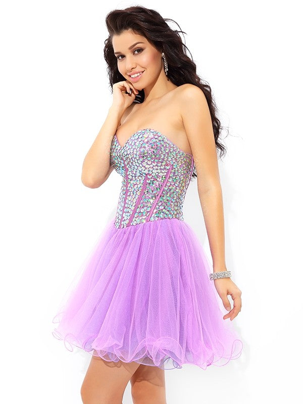 A-Line/Princess Sweetheart Paillette Sleeveless Short Net Dresses Dania Cocktail Homecoming Dresses