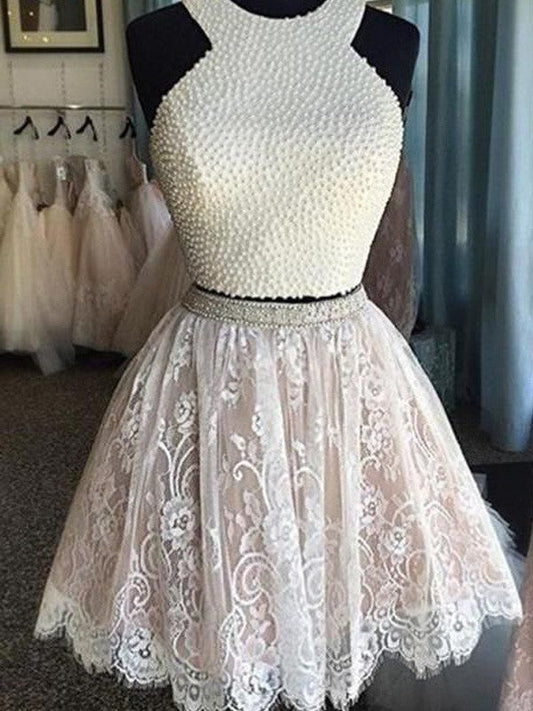 A-Line Princess Sleeveless Halter Pearls Lace Homecoming Dresses Lizeth Short Two Piece